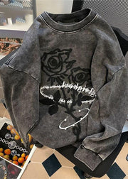 Casual Dark Grey O-Neck Rose Print Warm Fleece Pullover Long Sleeve