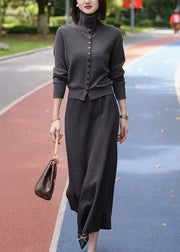 Casual Dark Grey Stand Collar Cotton Knit Cardigans And Maxi Skirts Two Piece Set Winter