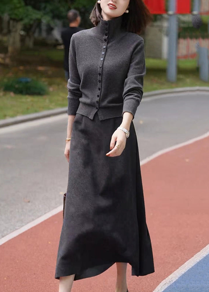 Casual Dark Grey Stand Collar Cotton Knit Cardigans And Maxi Skirts Two Piece Set Winter