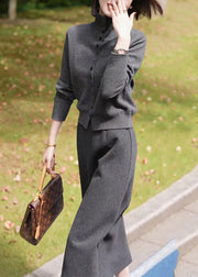 Casual Dark Grey Stand Collar Cotton Knit Cardigans And Maxi Skirts Two Piece Set Winter