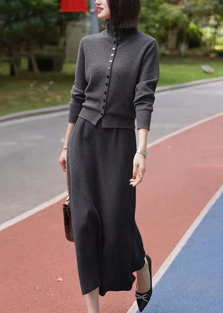 Casual Dark Grey Stand Collar Cotton Knit Cardigans And Maxi Skirts Two Piece Set Winter