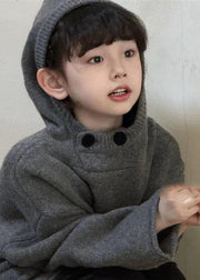 Casual Dark Grey Thick Patchwork Cotton Knit Kids Hooded Sweater Spring