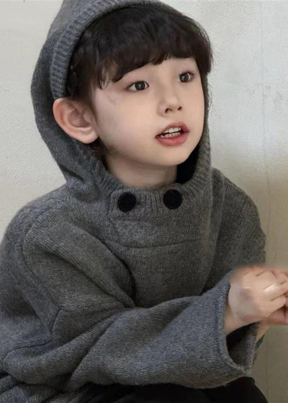 Casual Dark Grey Thick Patchwork Cotton Knit Kids Hooded Sweater Spring