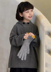 Casual Dark Grey Thick Patchwork Cotton Knit Kids Hooded Sweater Spring