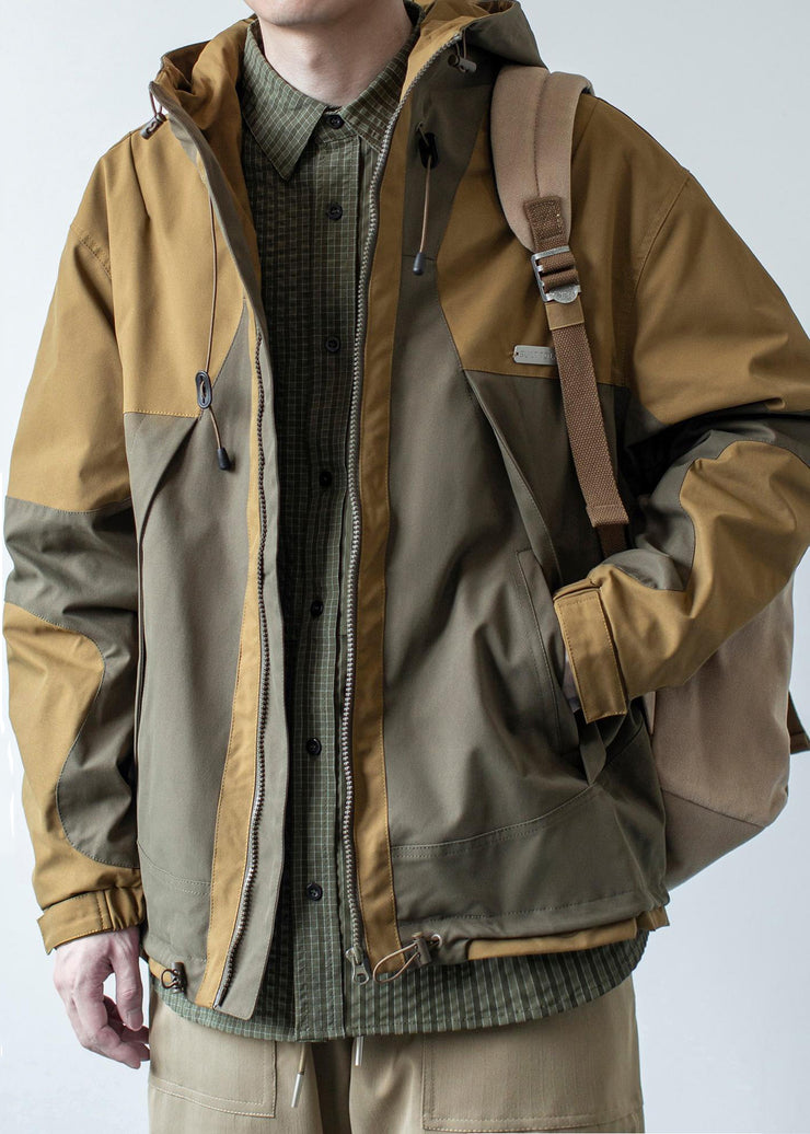 Casual Dark Khaki Hooded Pockets Patchwork Cotton Men Coat Spring