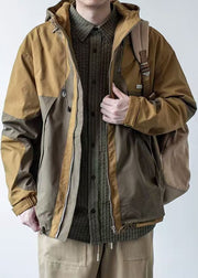 Casual Dark Khaki Hooded Pockets Patchwork Cotton Men Coat Spring