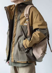 Casual Dark Khaki Hooded Pockets Patchwork Cotton Men Coat Spring