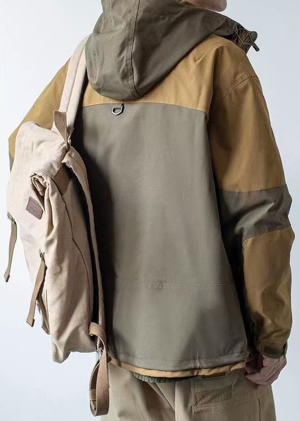 Casual Dark Khaki Hooded Pockets Patchwork Cotton Men Coat Spring