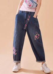 Casual Denim Blue Embroideried Floral Button Pockets Zippered Wide Leg Pants Summer