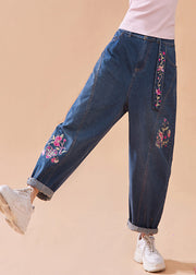 Casual Denim Blue Embroideried Floral Button Pockets Zippered Wide Leg Pants Summer