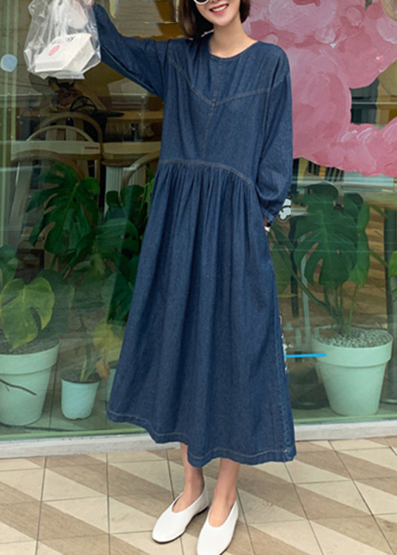 Casual Denim Blue O-Neck Wrinkled Patchwork Long Dress Spring