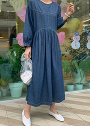 Casual Denim Blue O-Neck Wrinkled Patchwork Long Dress Spring