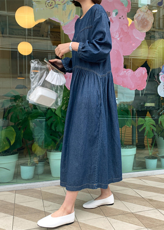 Casual Denim Blue O-Neck Wrinkled Patchwork Long Dress Spring