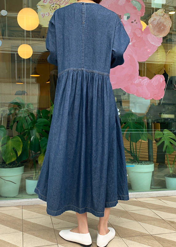 Casual Denim Blue O-Neck Wrinkled Patchwork Long Dress Spring