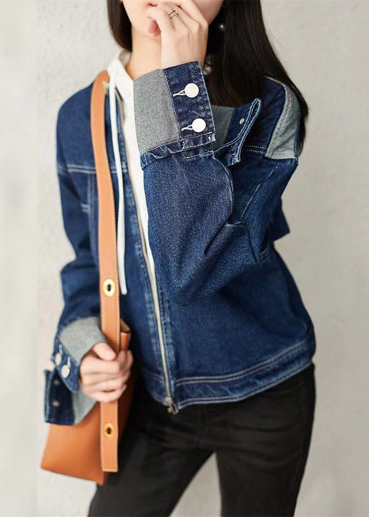 Casual Denim Blue O-Neck Zippered Patchwork Coat Long Sleeve