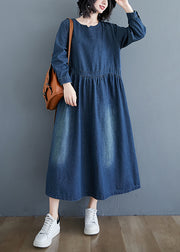 Casual Denim Blue Patchwork Long Dress Long Sleeve