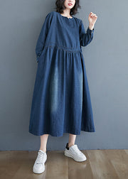 Casual Denim Blue Patchwork Long Dress Long Sleeve