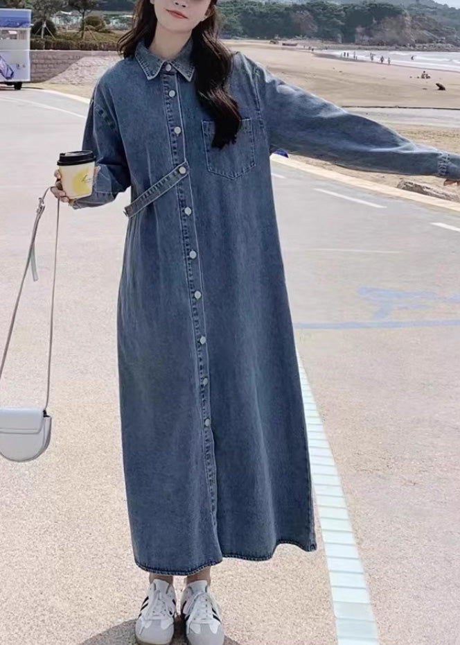 Casual Denim Blue Peter Pan Collar Patchwork Button Long Dress Spring