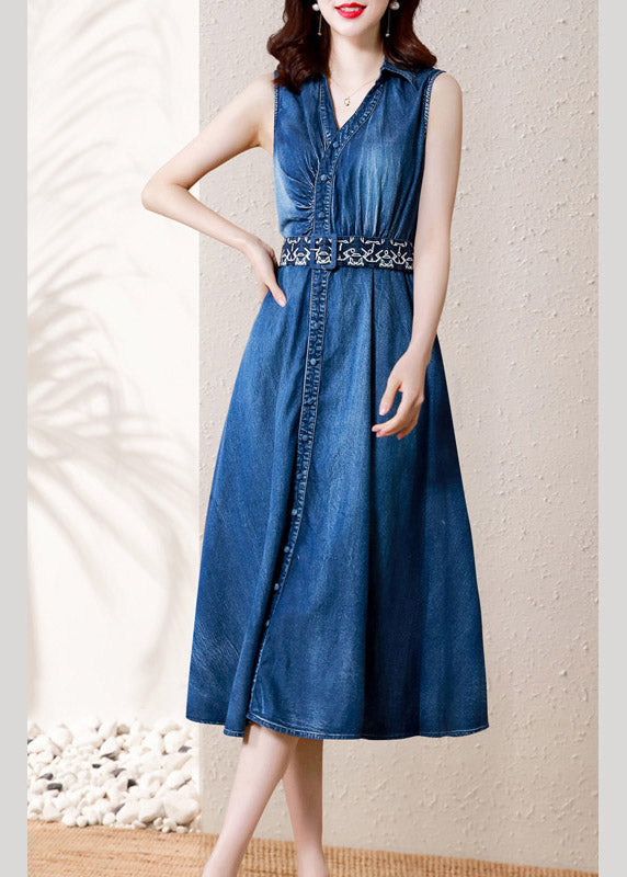 Casual Denim Blue V Neck Button Sashes Cotton Party Long Dress Summer