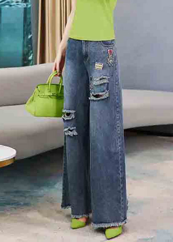 Casual Denim Navy Embroideried Elastic Waist Long Wide Leg Pants