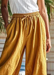 Casual Earth Yellow Pockets Patchwork Elastic Waist Crop Pants Summer