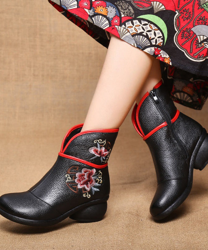 Casual Embroidery Warm Fleece Boots Black Chunky Cowhide Leather