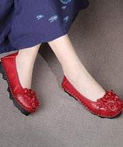 Casual Floral Penny Loafers Red Cowhide Leather