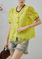 Casual Fluorescent Yellow Embroidered Lace Blouse Top Summer