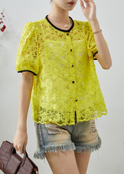 Casual Fluorescent Yellow Embroidered Lace Blouse Top Summer