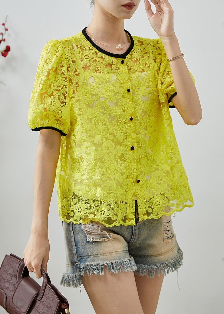 Casual Fluorescent Yellow Embroidered Lace Blouse Top Summer