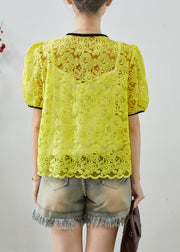 Casual Fluorescent Yellow Embroidered Lace Blouse Top Summer