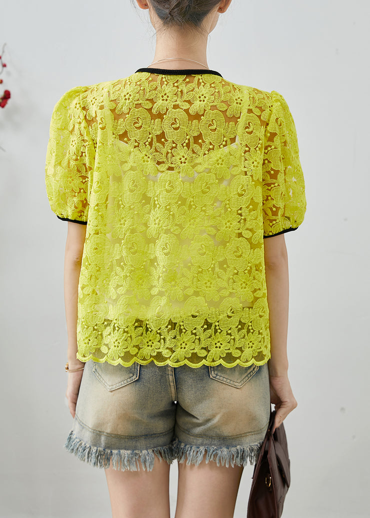 Casual Fluorescent Yellow Embroidered Lace Blouse Top Summer