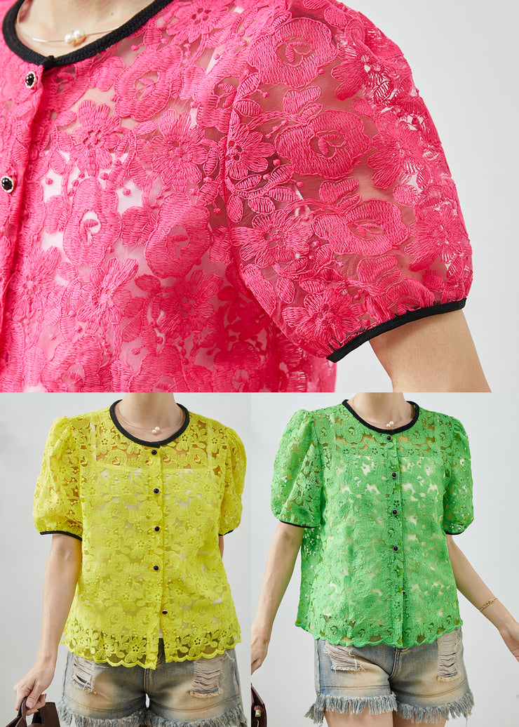 Casual Fluorescent Yellow Embroidered Lace Blouse Top Summer