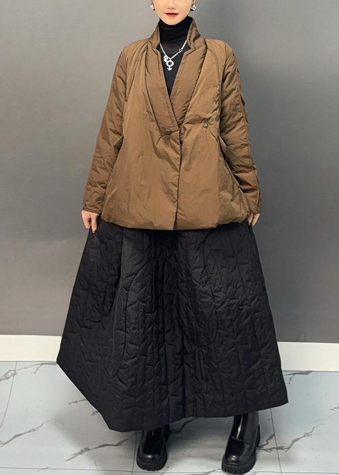 Casual Ginger V Neck Patchwork Parka And Skirts Two Pieces Set Winter