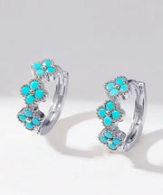 Casual Gold Copper Inlaid Zircon Turquoise Four Leaf Clover Hoop Earrings