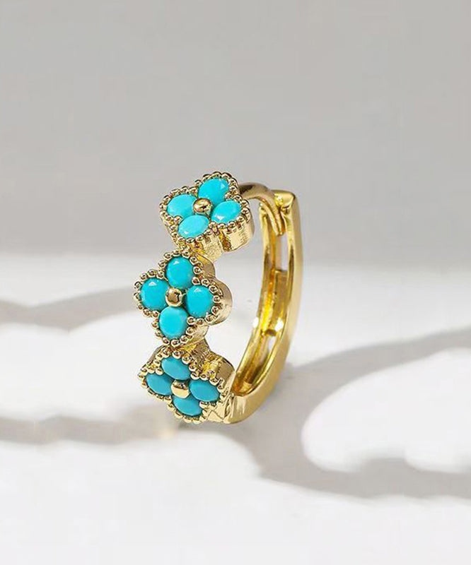 Casual Gold Copper Inlaid Zircon Turquoise Four Leaf Clover Hoop Earrings