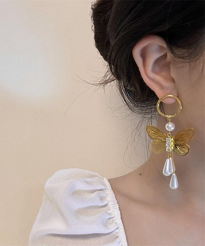 Casual Gold Copper Zircon Pearl Butterfly Hollow Out Water Drop Drop Earrings