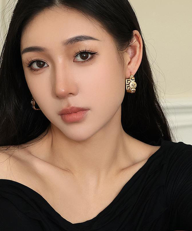 Casual Gold Metal Relief Portrait Hollow Out Hoop Earrings