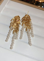 Casual Gold Overgild Butterfly Pearl Leaf Tassel Drop Earrings