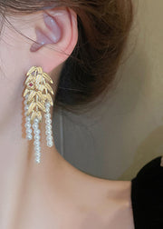 Casual Gold Overgild Butterfly Pearl Leaf Tassel Drop Earrings