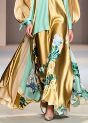 Casual Golden Asymmetrical Patchwork Print Silk Vacation Dress Spring