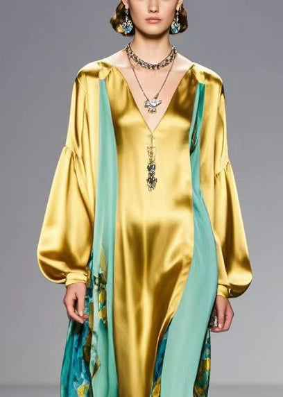 Casual Golden Patchwork Silk Dress V Neck Lantern Sleeve