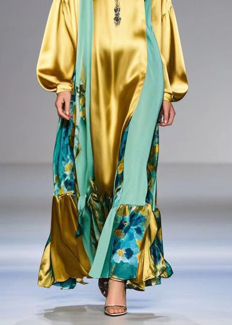 Casual Golden Patchwork Silk Dress V Neck Lantern Sleeve