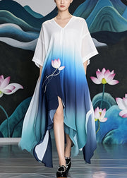 Casual Gradient Color Asymmetrical Design Lotus Print Chiffon Long Dress Summer