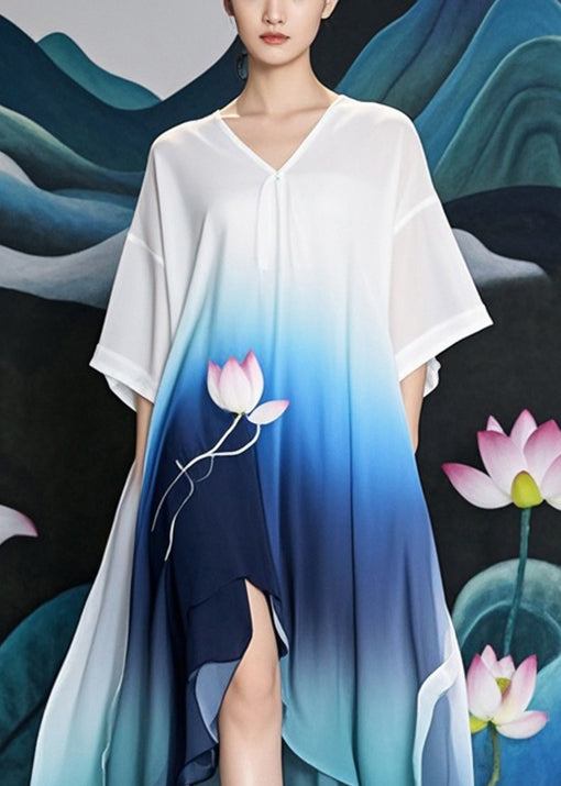 Casual Gradient Color Asymmetrical Design Lotus Print Chiffon Long Dress Summer