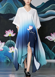 Casual Gradient Color Asymmetrical Design Lotus Print Chiffon Long Dress Summer