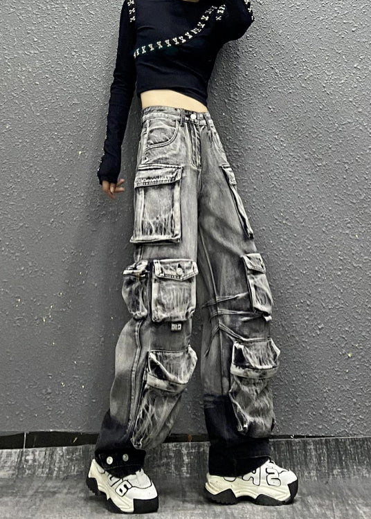 Casual Gray Black Multi Pocket Denim Pants Autumn