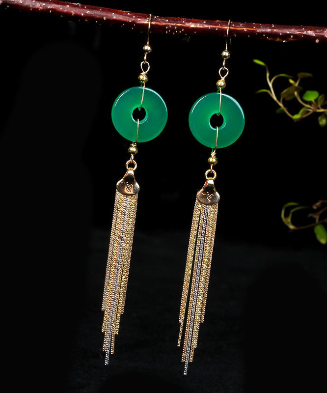 Casual Green 14K Gold Ping Buckle Chalcedony Tassel Drop Earrings