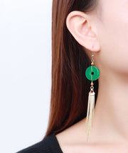 Casual Green 14K Gold Ping Buckle Chalcedony Tassel Drop Earrings