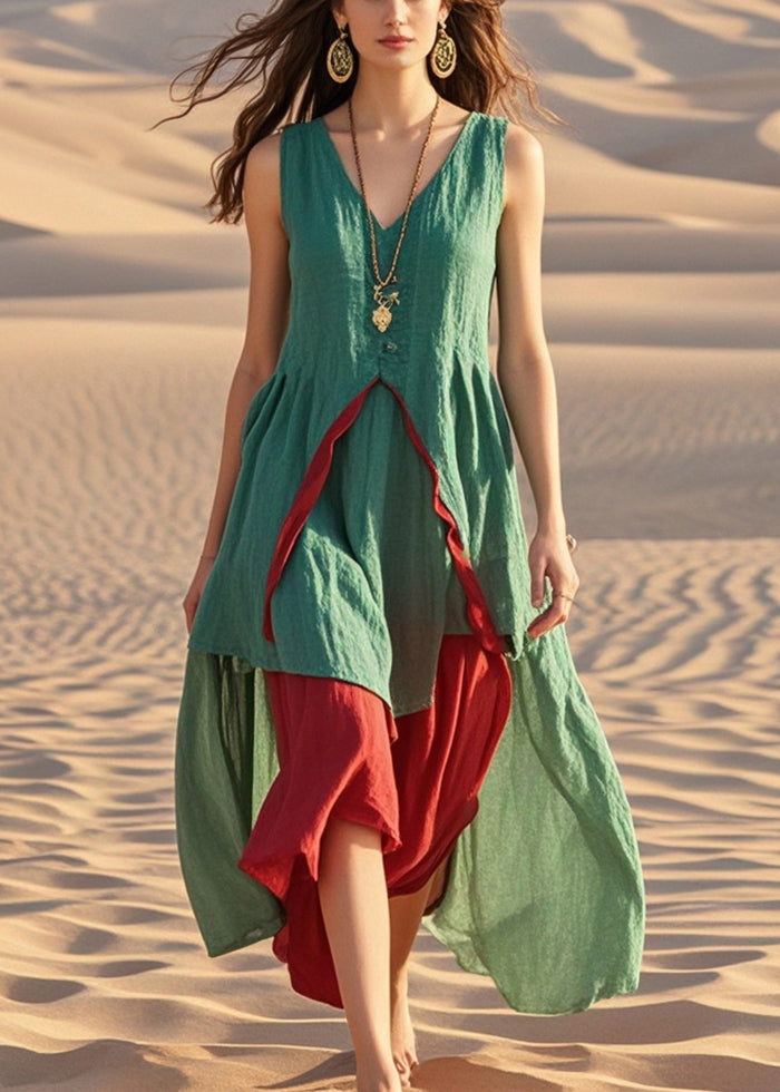 Casual Green Asymmetrical Patchwork Cotton Dress Summer